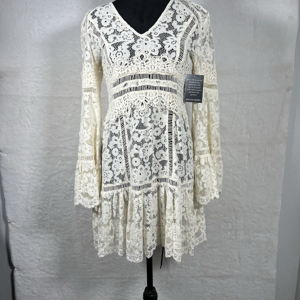 New Boston Proper Crochet Lace Crème‎ Dress Size 2 Bell Sleeve Boho Fairy Whimsy